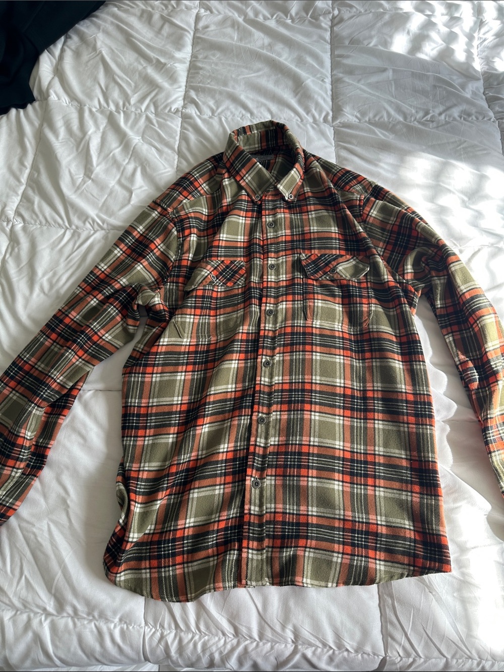 Men's Olive and Orange Plaid Button-Up Flannel Shirt